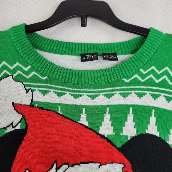 Mickey Mouse Holiday Christmas Sweater Size Medium Santa Hat Green w/ Trees - Picture 2 of 10
